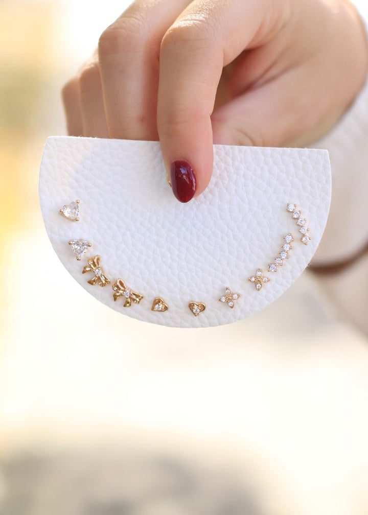 5Pc Cz Heart Clover And Ribbon Bow Stud Earrings Set