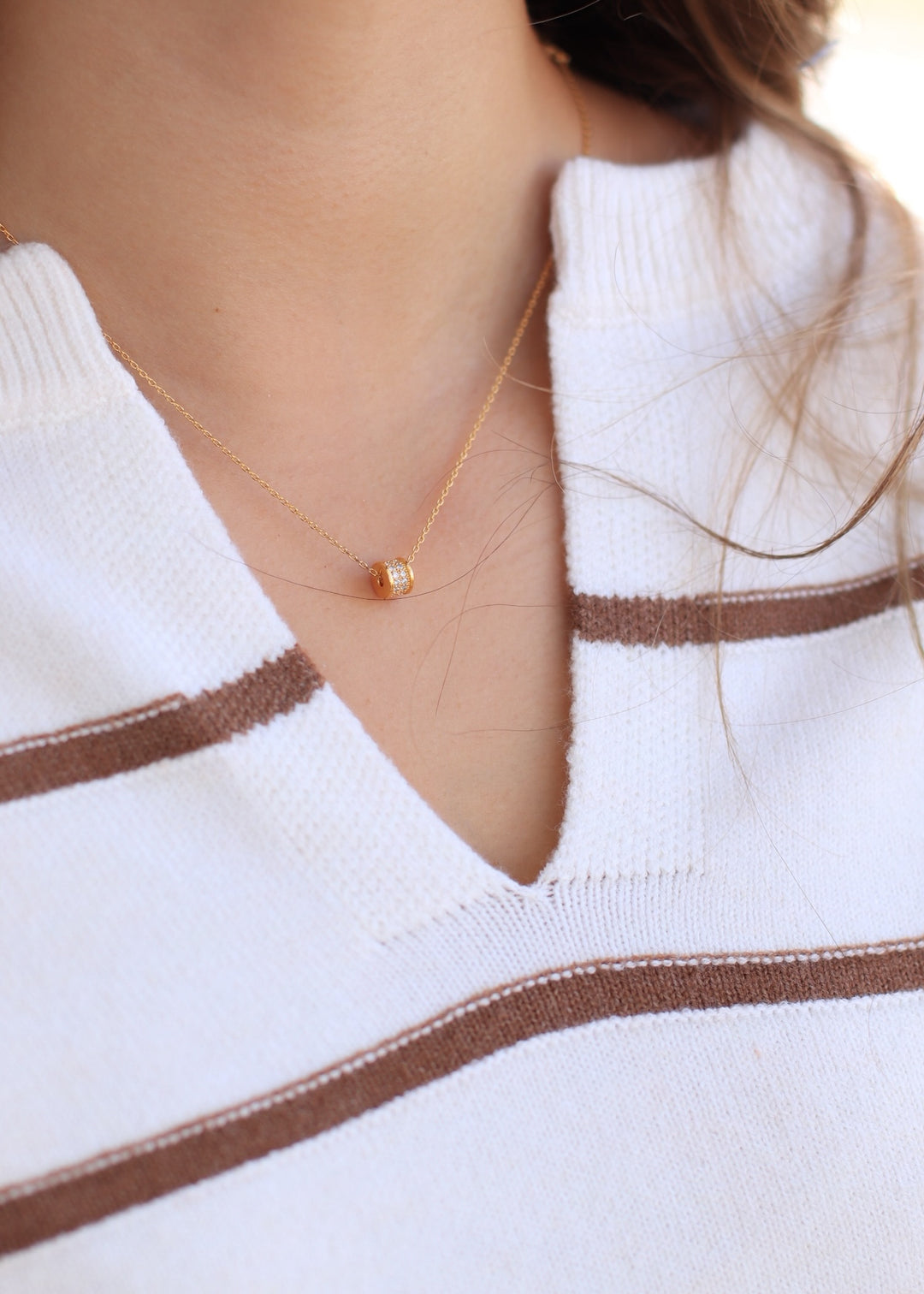 Gold Dipped Cz Pave Cylinder Pendant Necklace