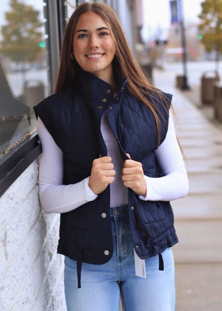 The Alpine Tie Puffer Vest in Navy