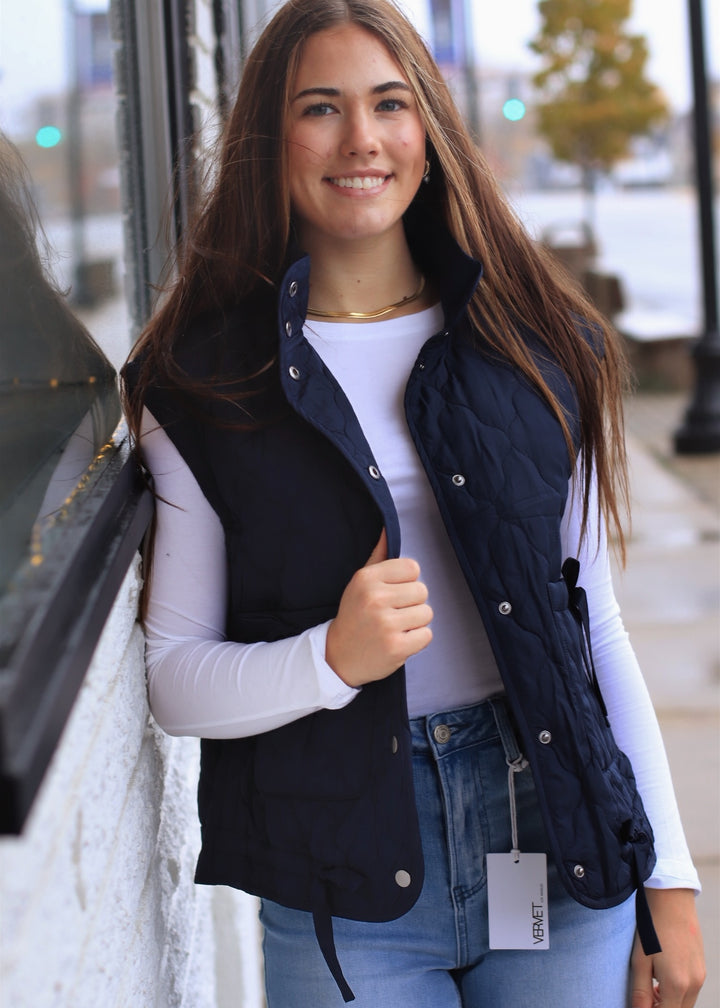 The Alpine Tie Puffer Vest in Navy