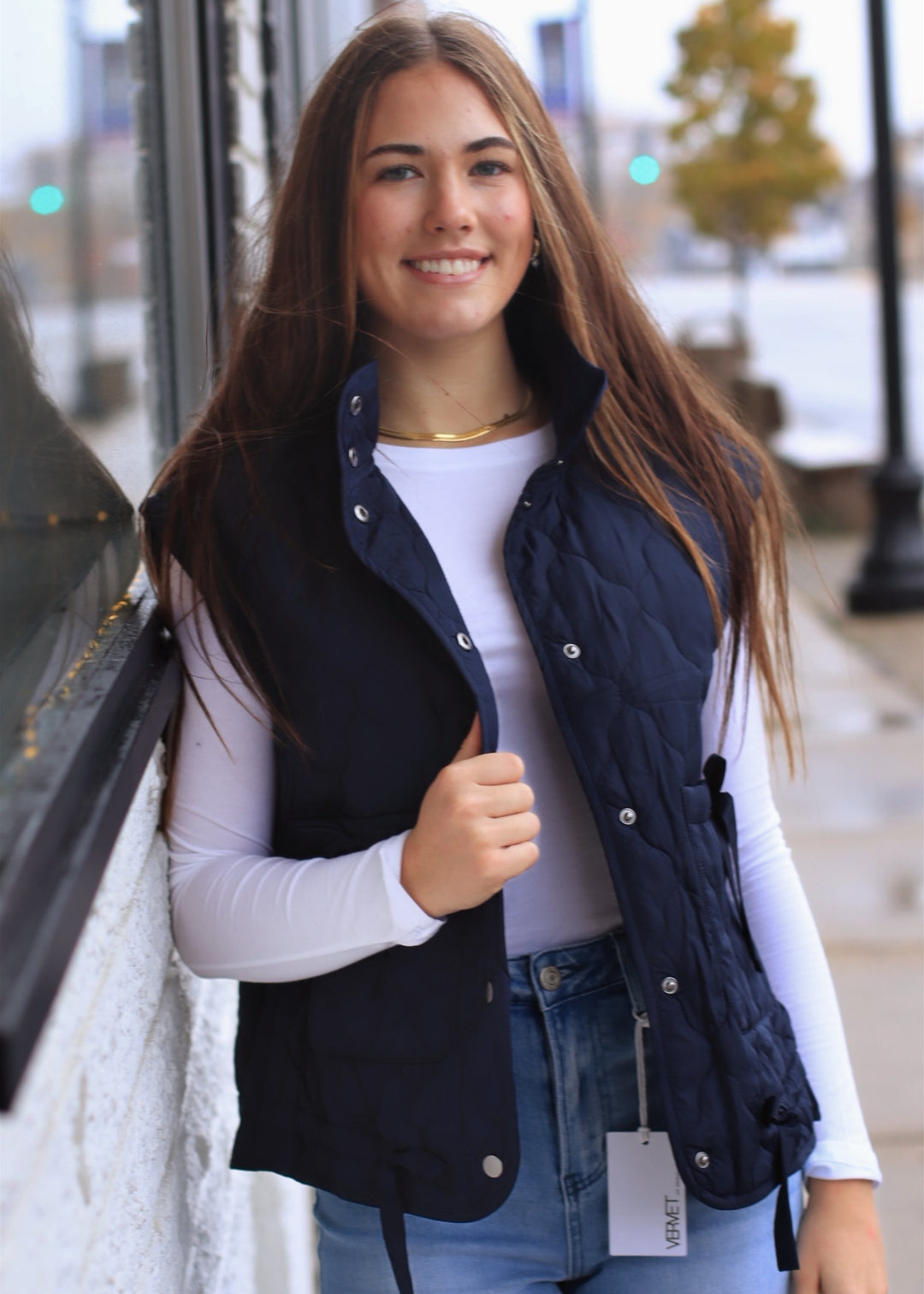 The Alpine Tie Puffer Vest in Navy