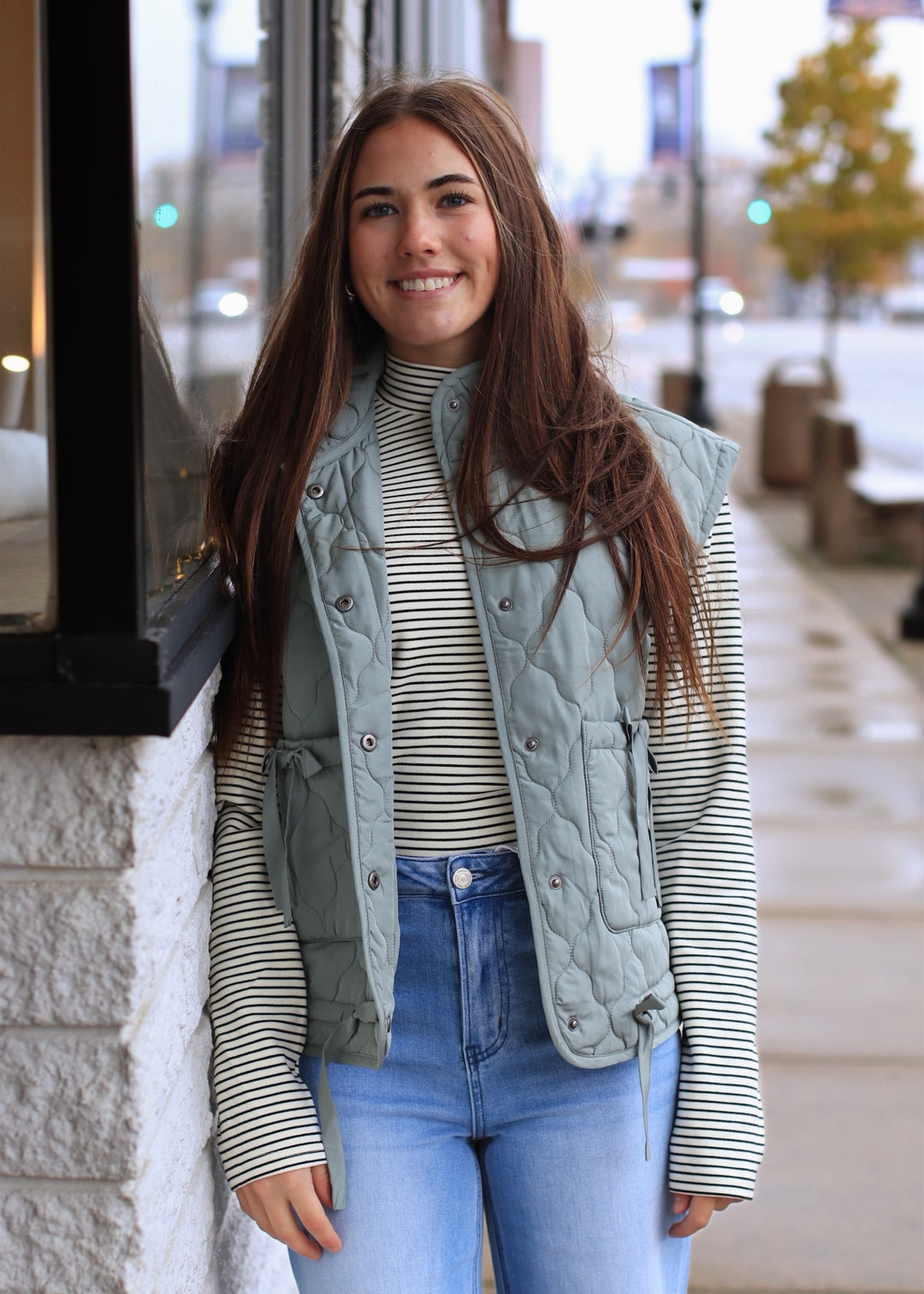 The Alpine Tie Puffer Vest in Dusty Sage