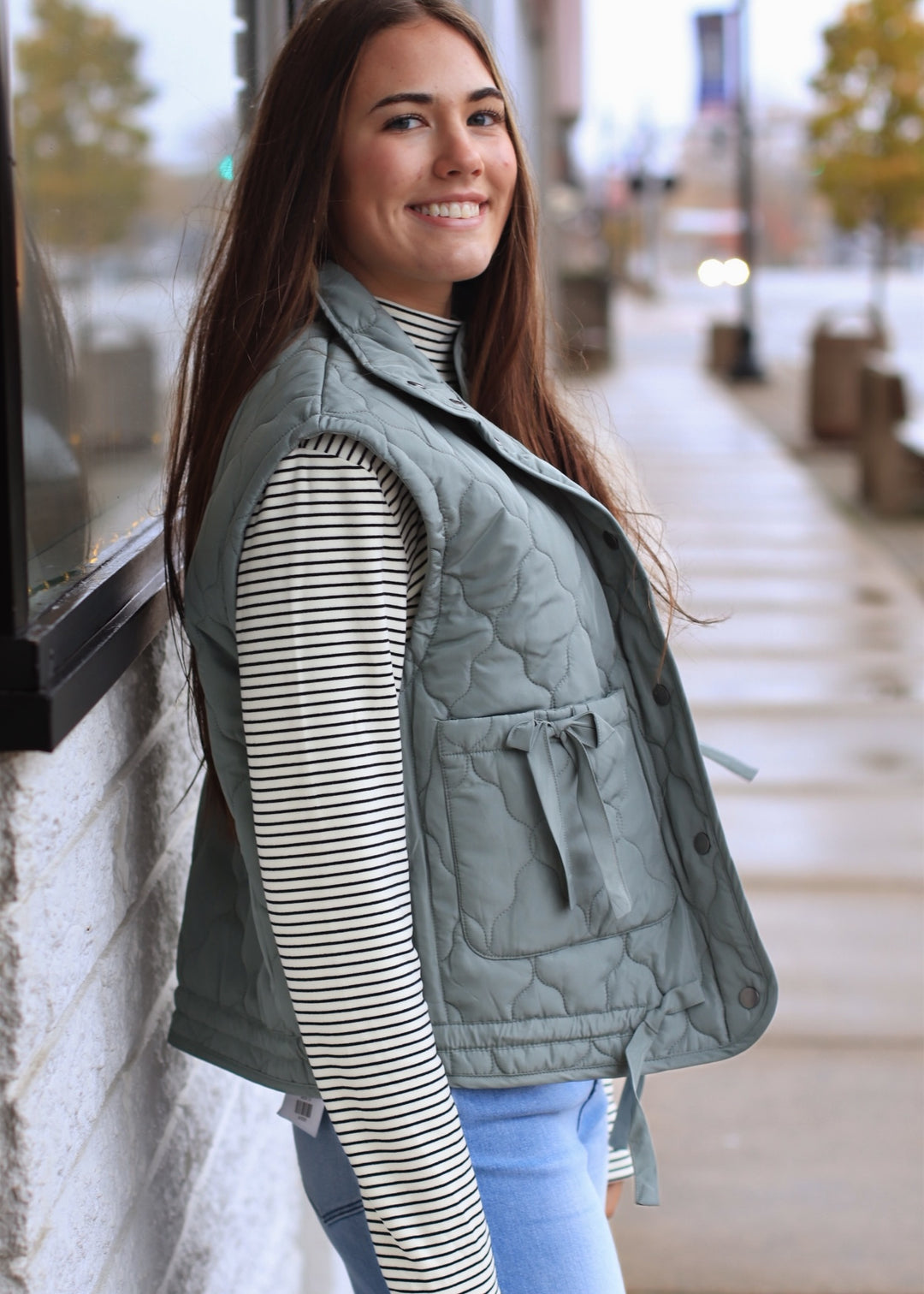 The Alpine Tie Puffer Vest in Dusty Sage