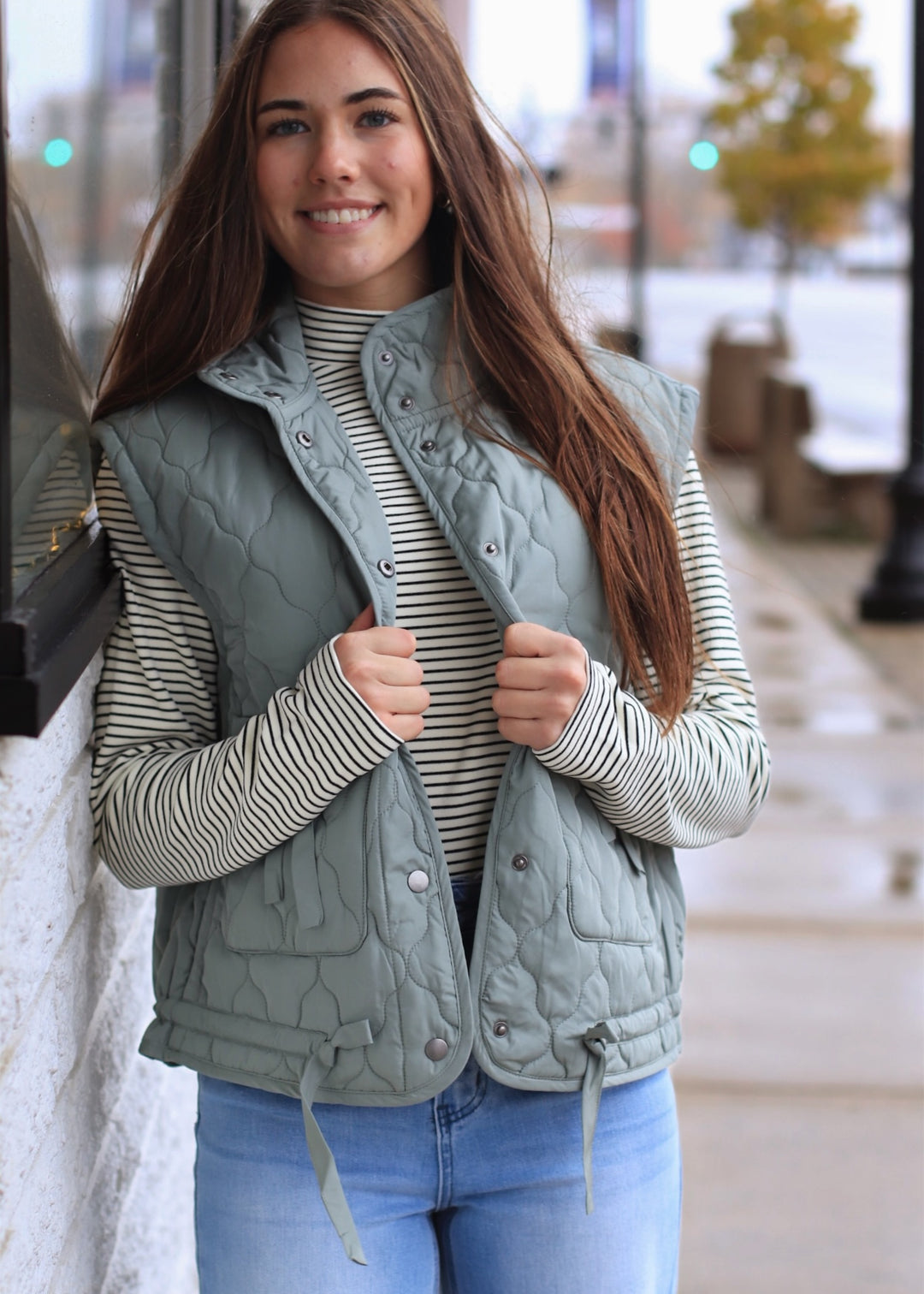 The Alpine Tie Puffer Vest in Dusty Sage