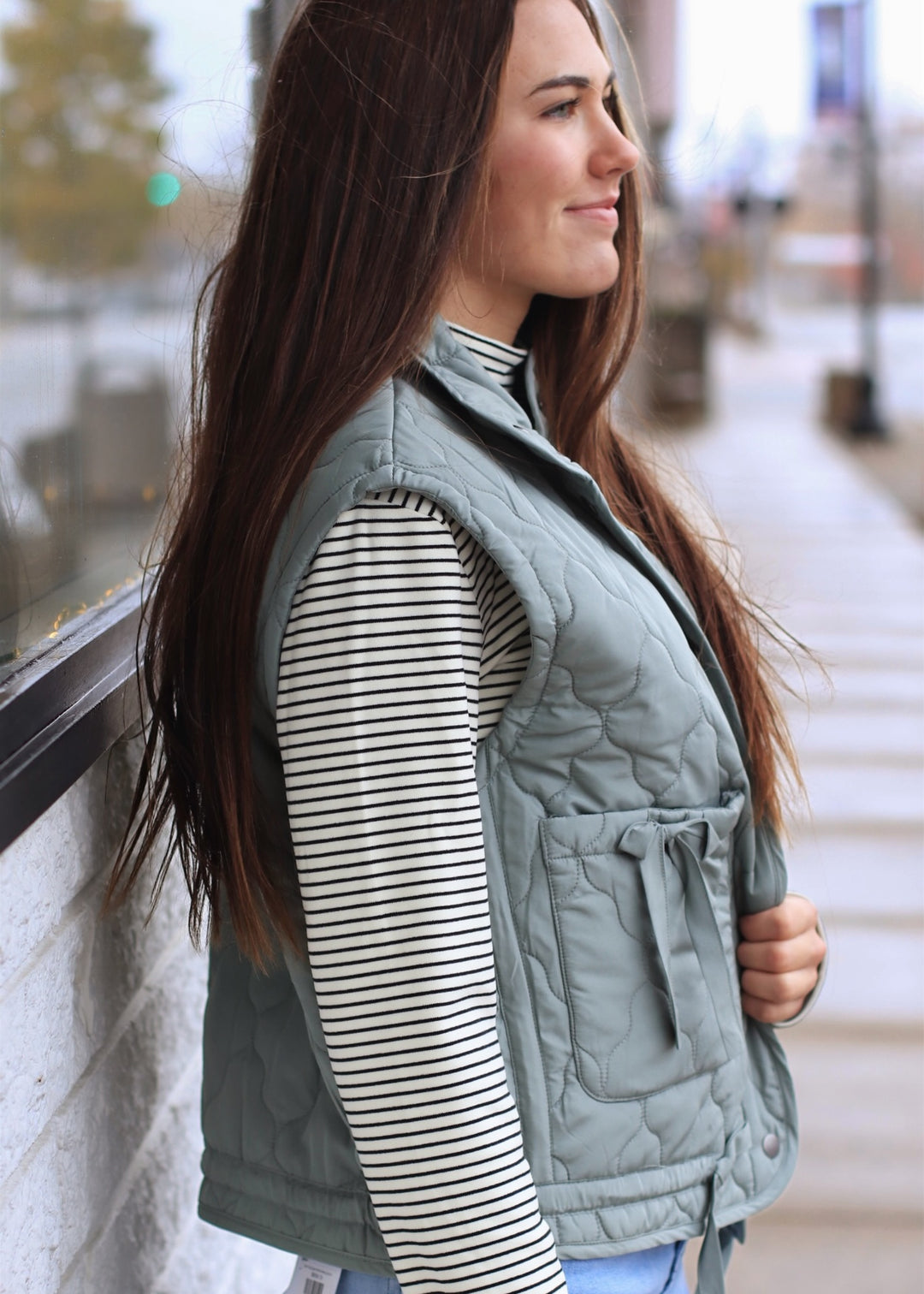 The Alpine Tie Puffer Vest in Dusty Sage