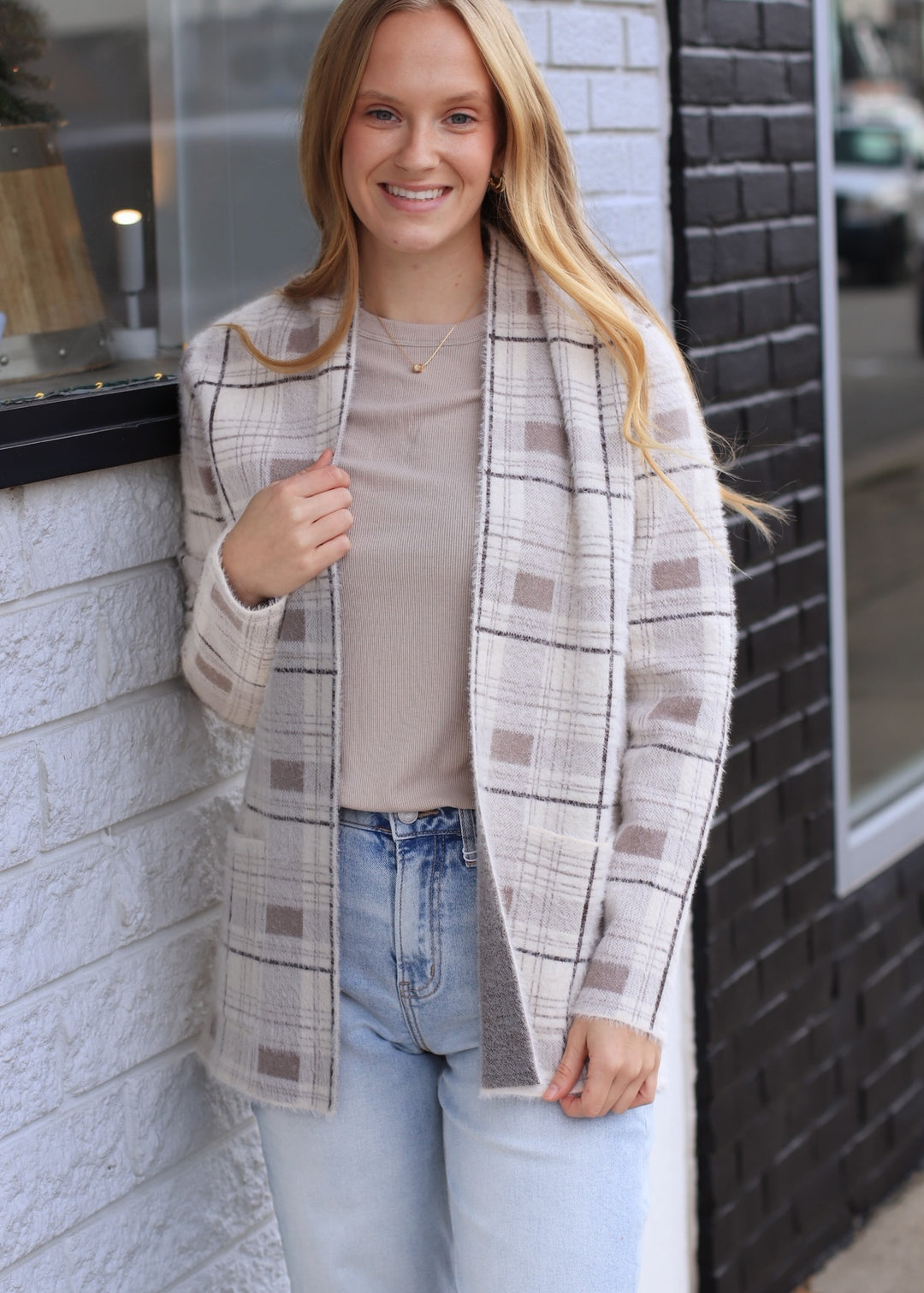 The Birch Open Front Cardigan in Ivory/Taupe