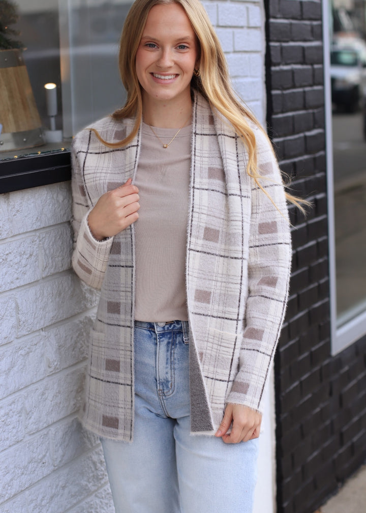 The Birch Open Front Cardigan in Ivory/Taupe