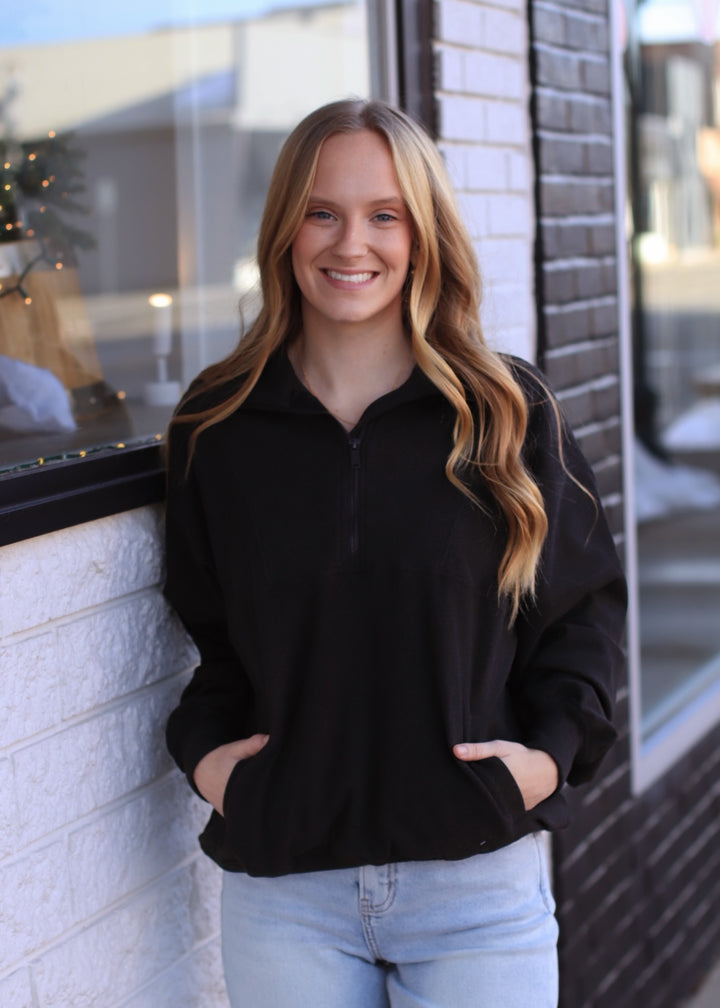 The Luxe Rib Zip Pullover in Black