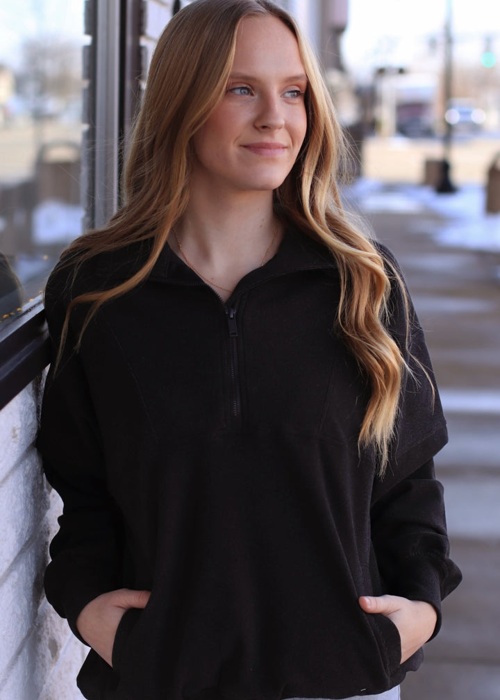 The Luxe Rib Zip Pullover in Black