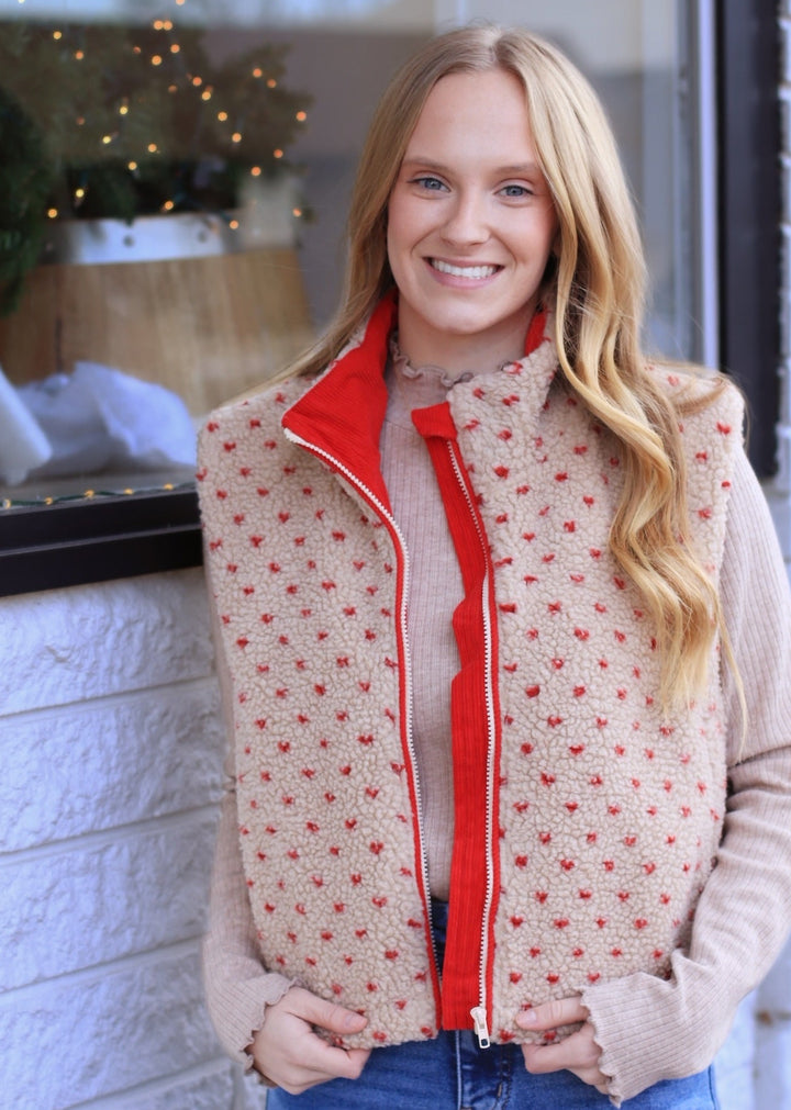 Floral Fleece Sleeveless Vest in Cream/Red