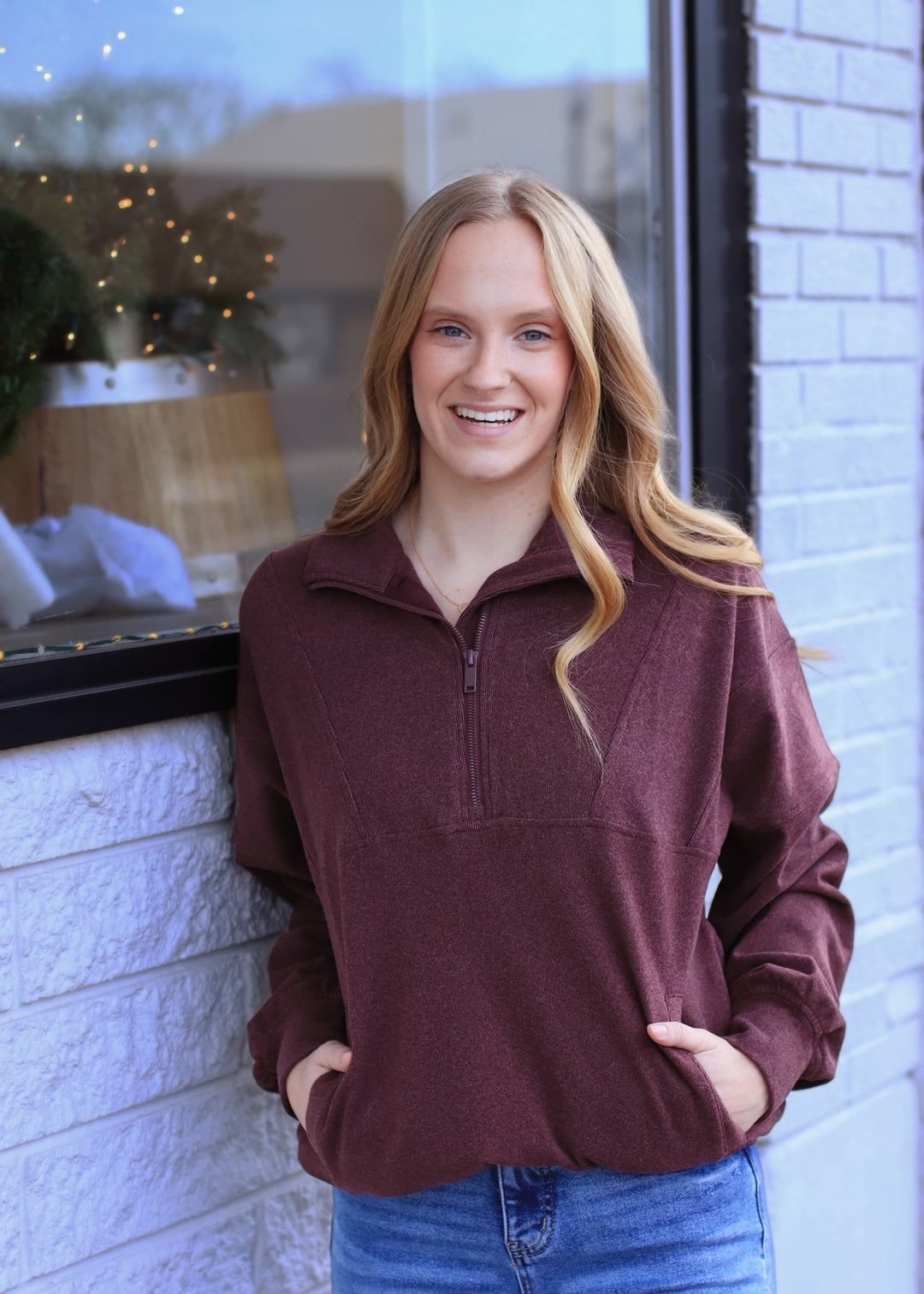 The Luxe Rib Zip Pullover in Dark Cherry