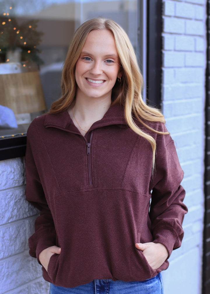 The Luxe Rib Zip Pullover in Dark Cherry