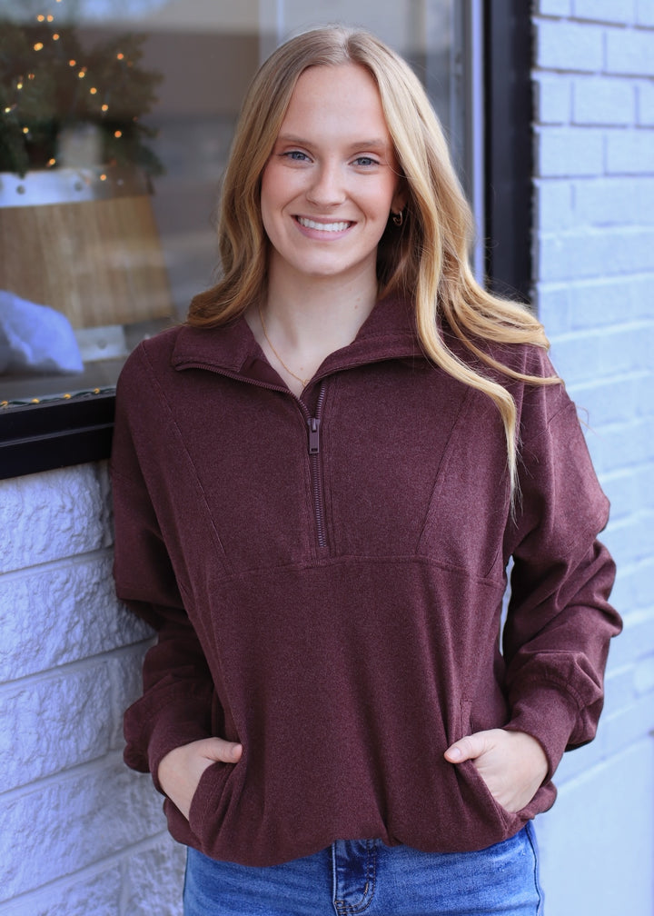 The Luxe Rib Zip Pullover in Dark Cherry