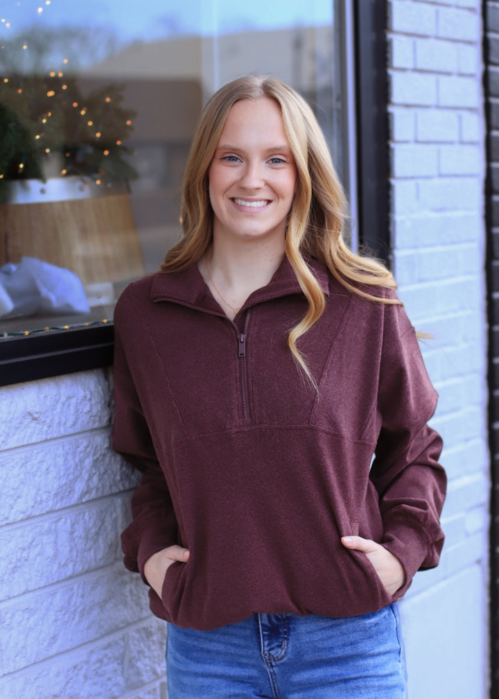 The Luxe Rib Zip Pullover in Dark Cherry