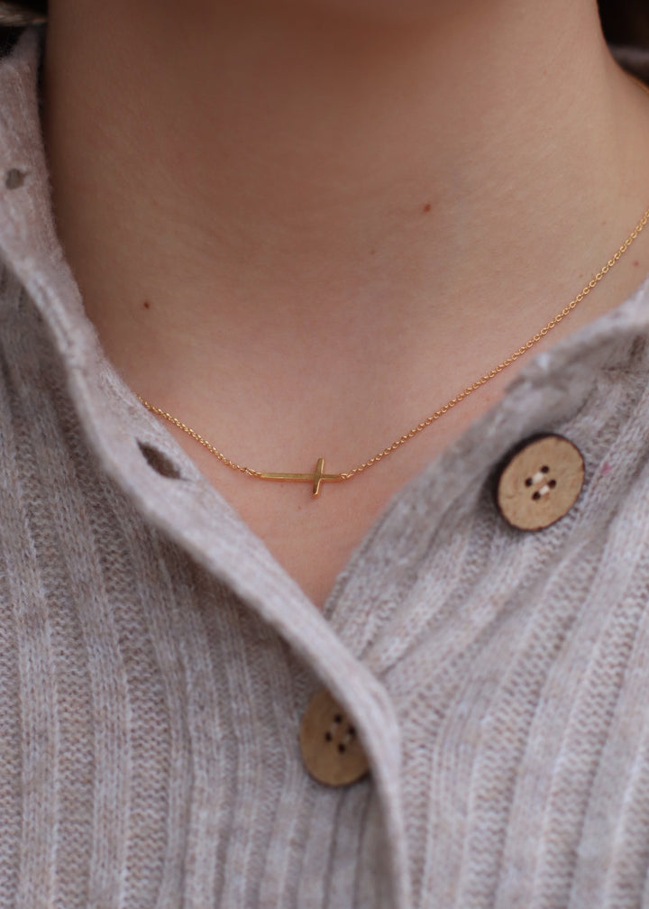 Gold Dipped Side Cross Pendant Necklace