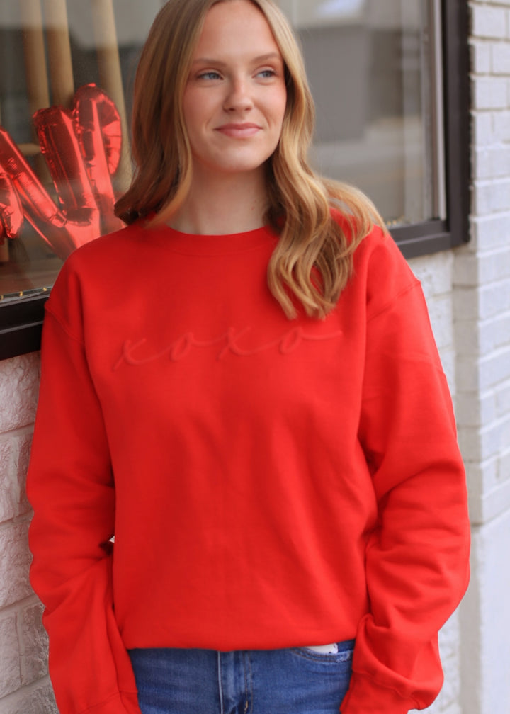 Womens Valentines Day Embossed XOXO Crewneck
