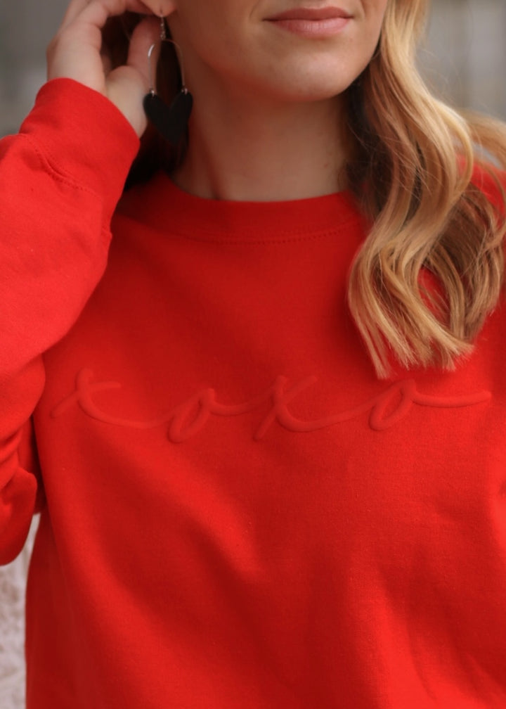 Womens Valentines Day Embossed XOXO Crewneck