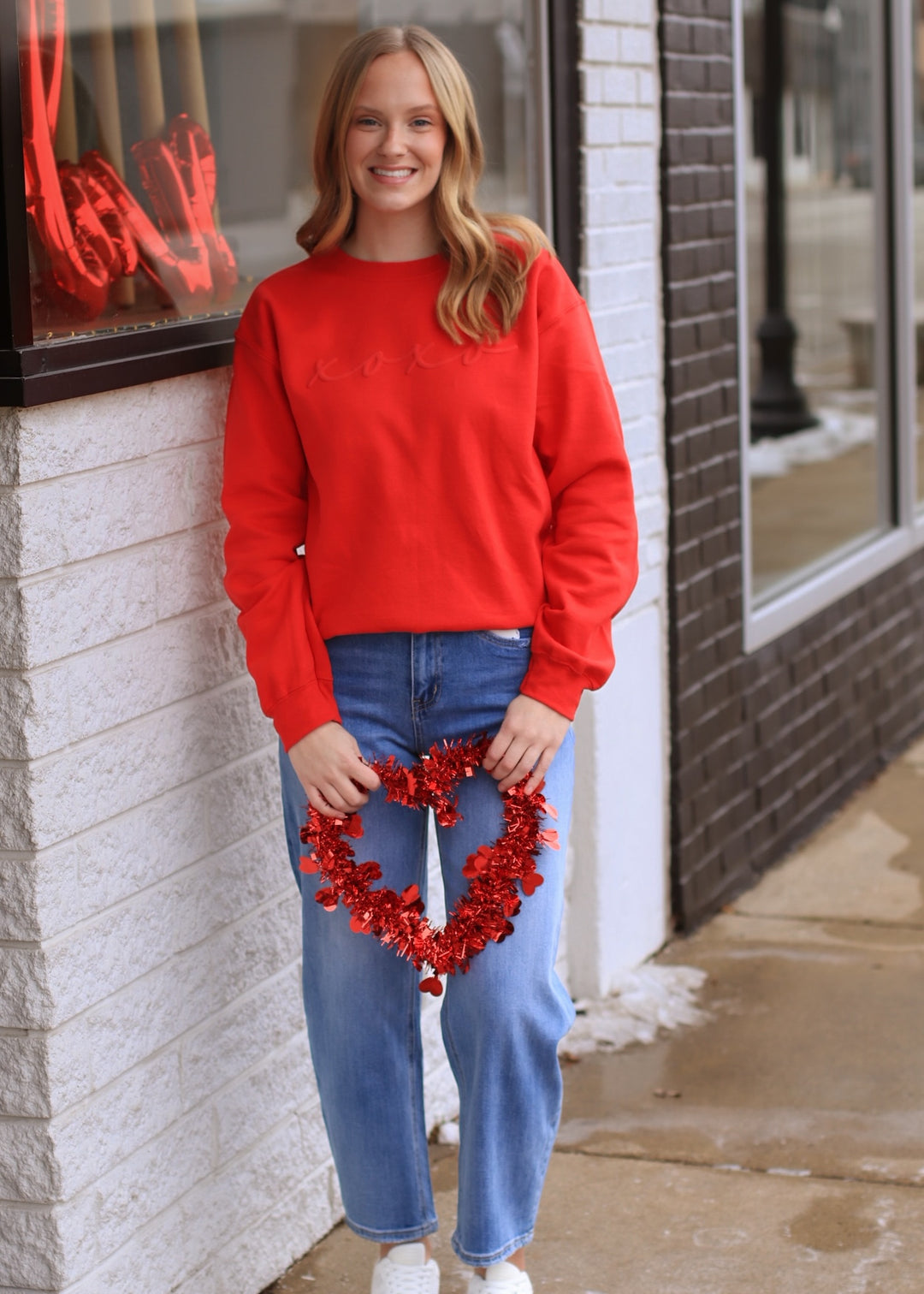 Womens Valentines Day Embossed XOXO Crewneck