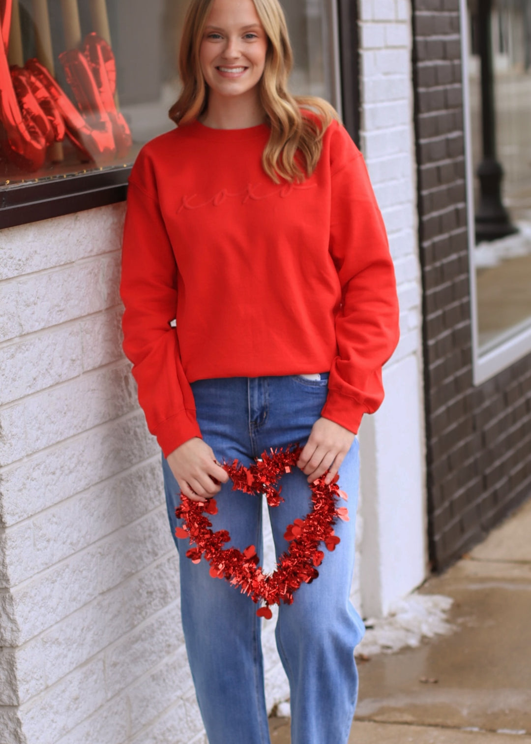 Womens Valentines Day Embossed XOXO Crewneck