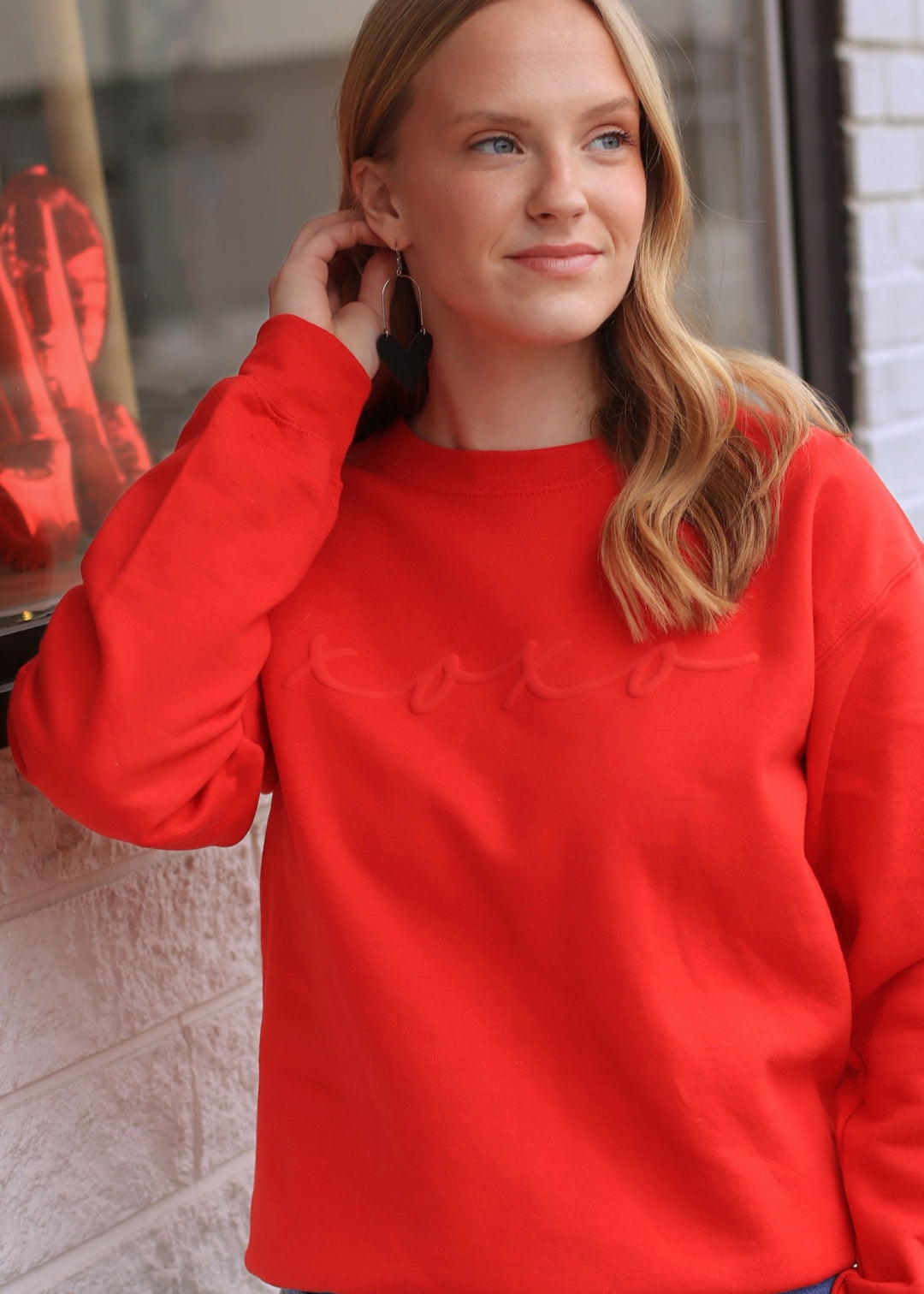 Womens Valentines Day Embossed XOXO Crewneck