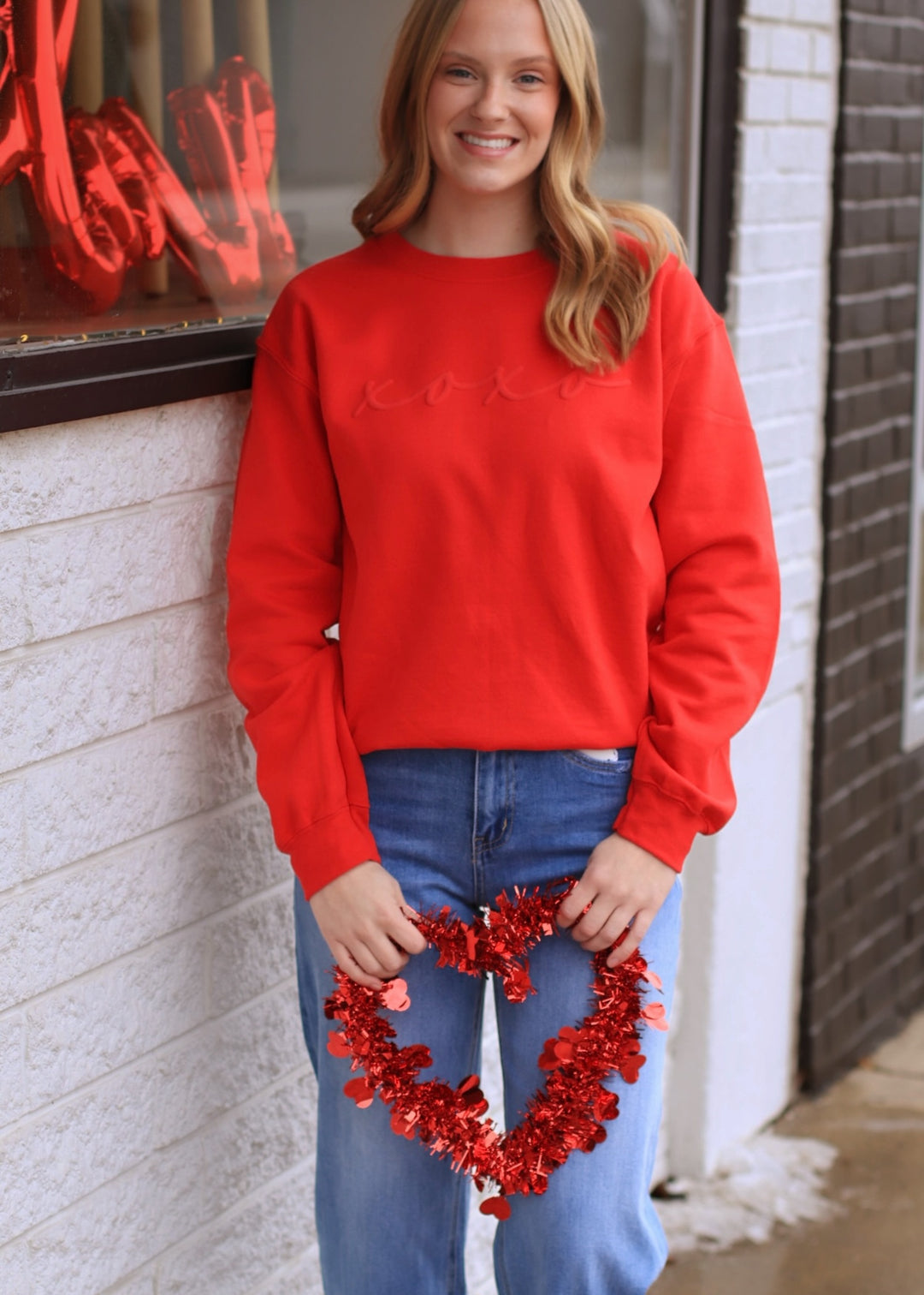 Womens Valentines Day Embossed XOXO Crewneck