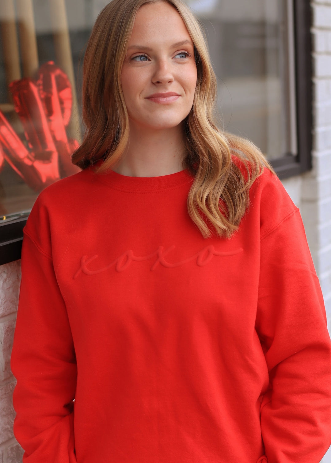 Womens Valentines Day Embossed XOXO Crewneck