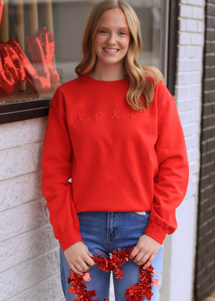 Womens Valentines Day Embossed XOXO Crewneck
