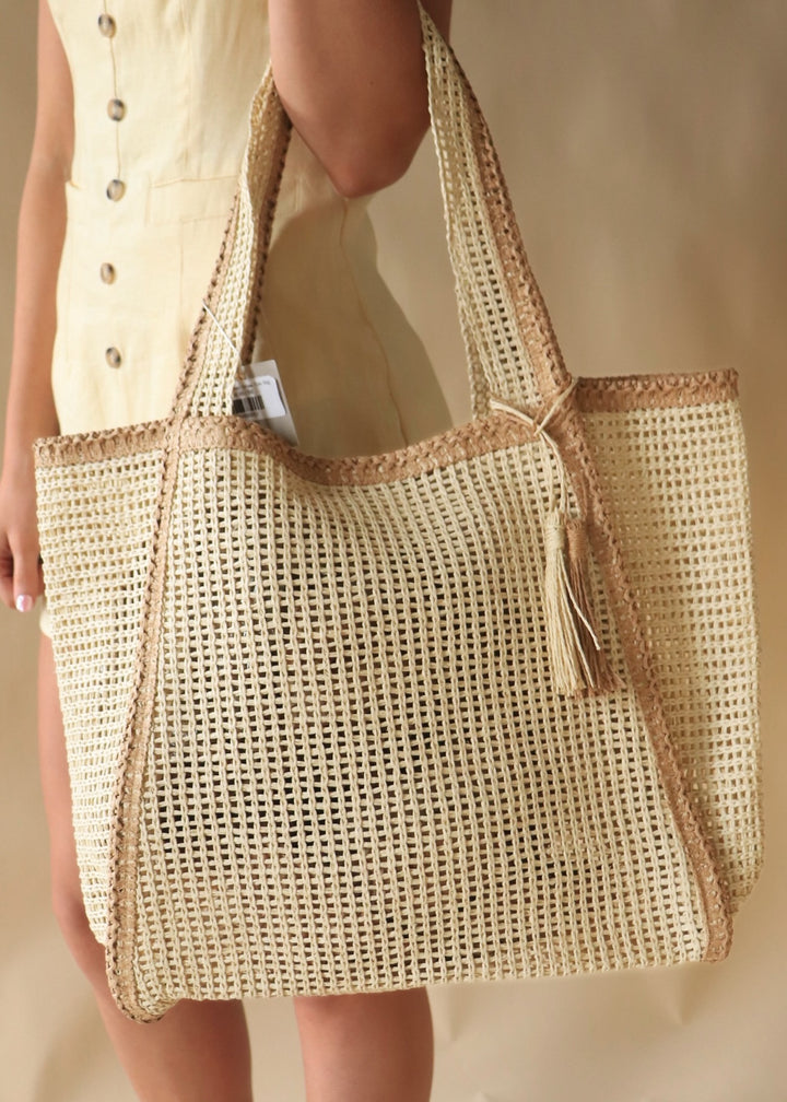 Beige Two Tone Woven Straw Tote Bag