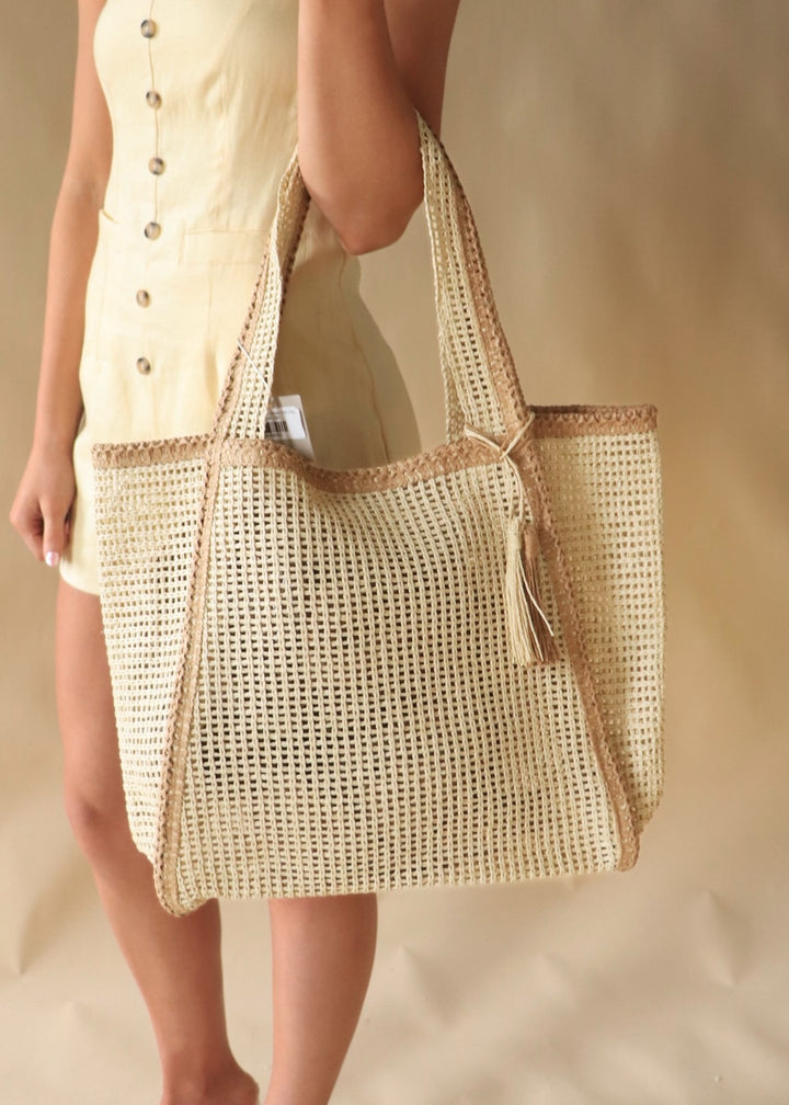 Beige Two Tone Woven Straw Tote Bag