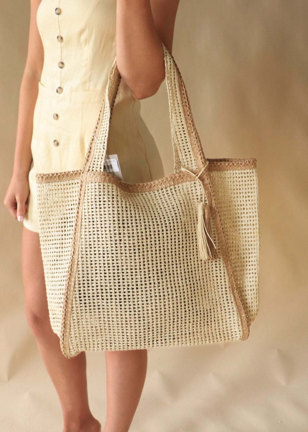 Beige Two Tone Woven Straw Tote Bag