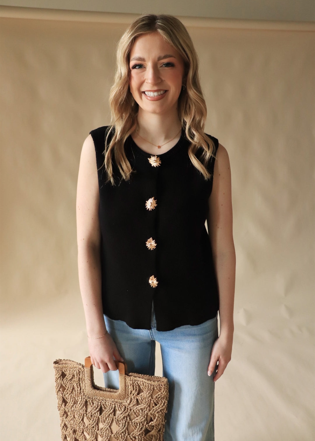 Golden Bloom Buttons Knit Vest