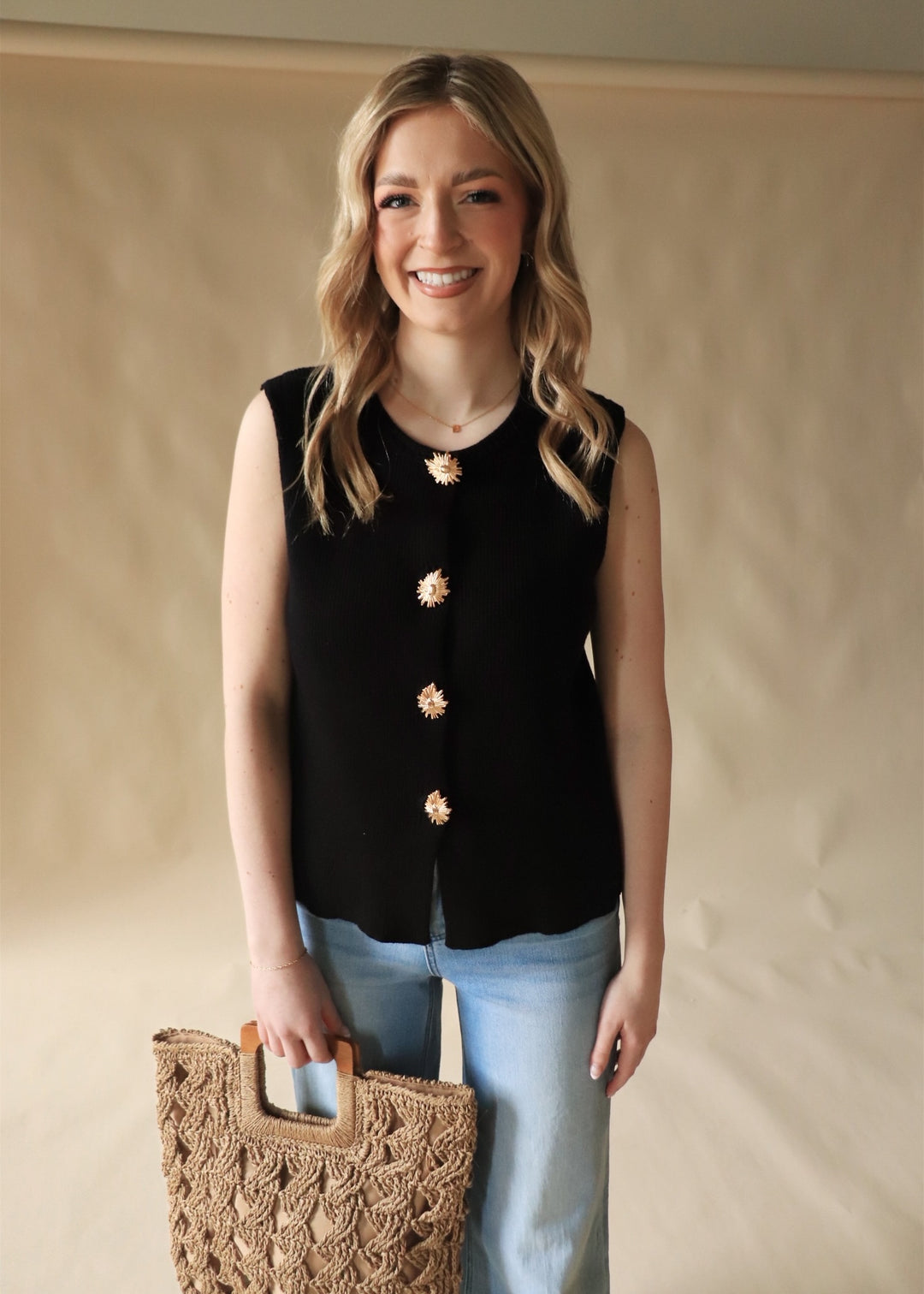 Golden Bloom Buttons Knit Vest