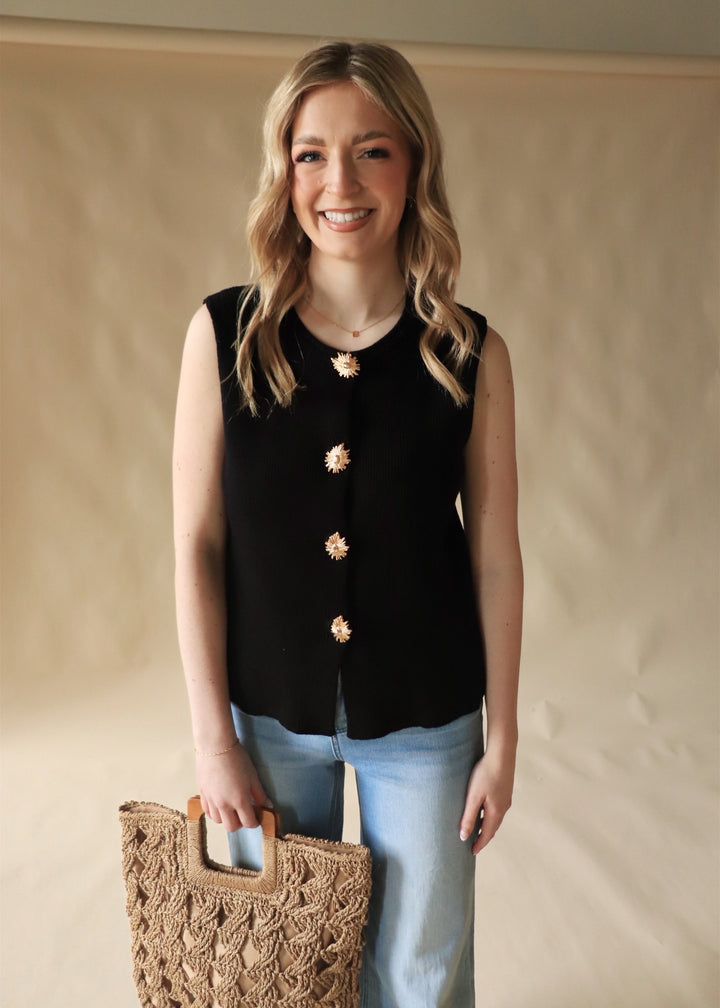 Golden Bloom Buttons Knit Vest