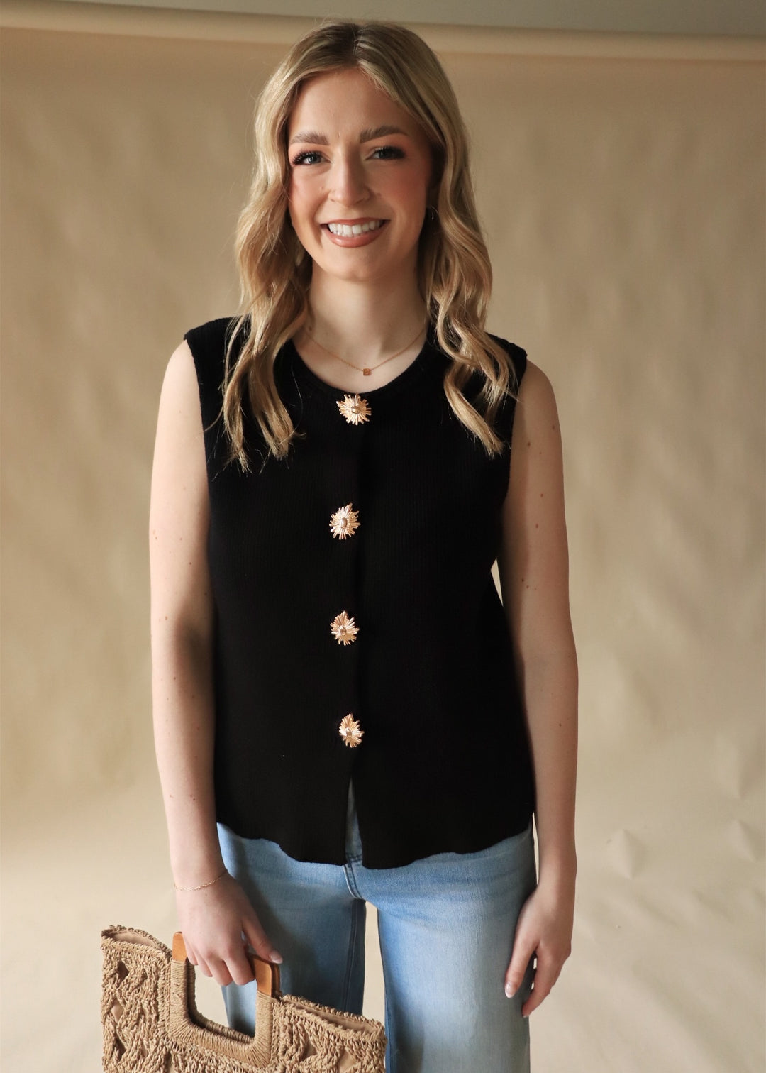 Golden Bloom Buttons Knit Vest
