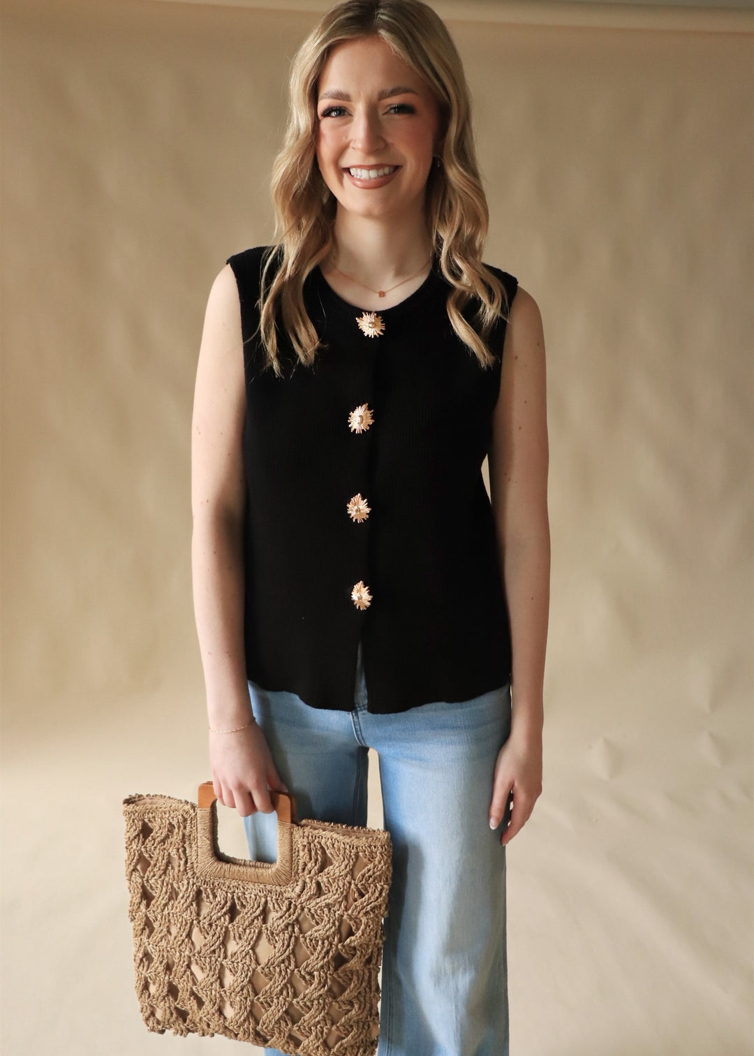 Golden Bloom Buttons Knit Vest