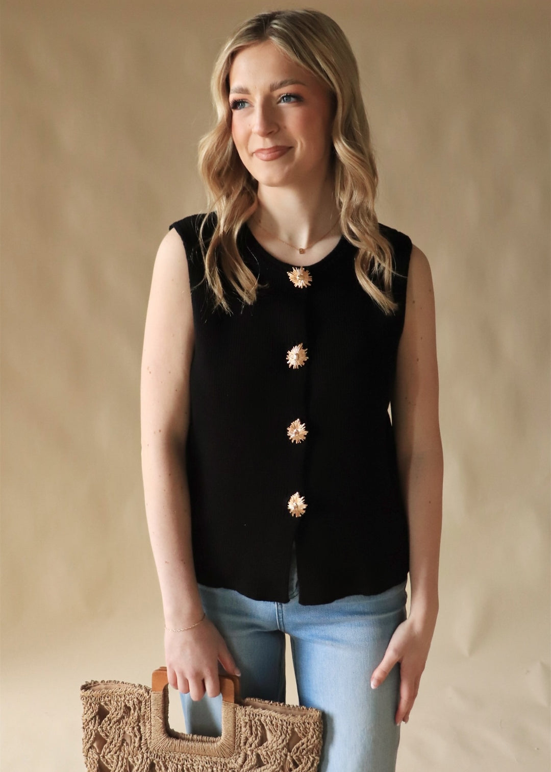 Golden Bloom Buttons Knit Vest