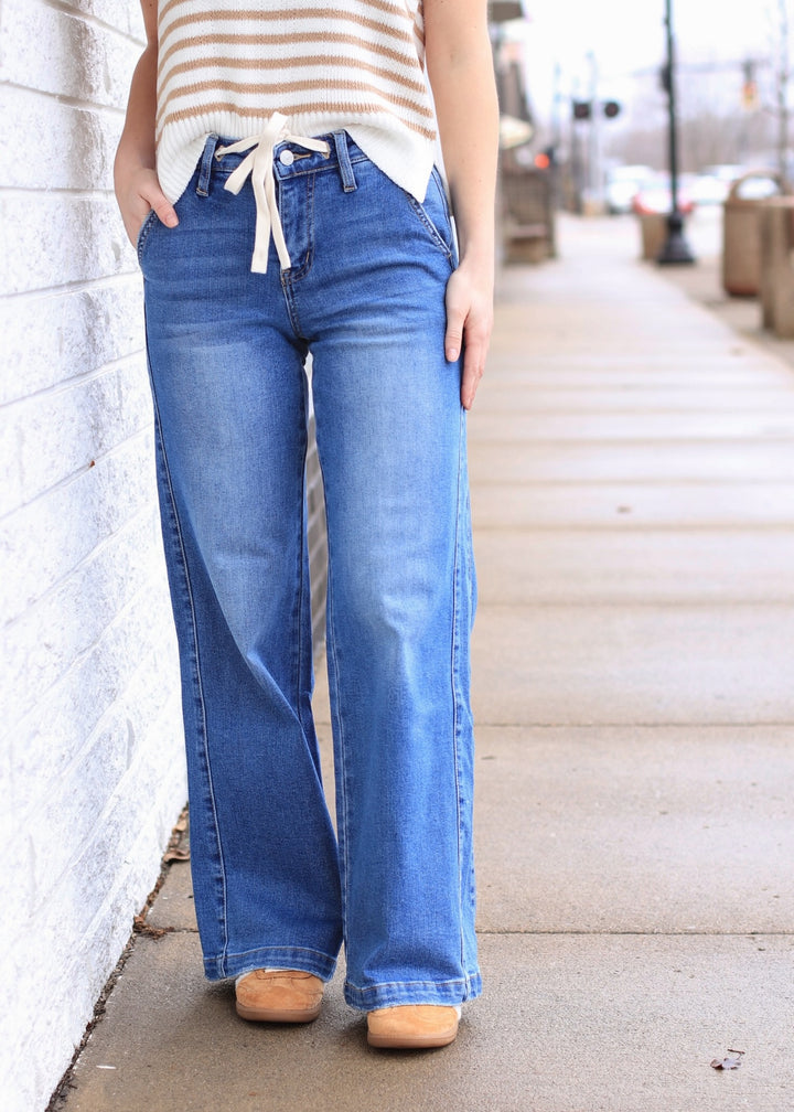 Lady Bird High Rise Waist Tie Twist Wide Jeans