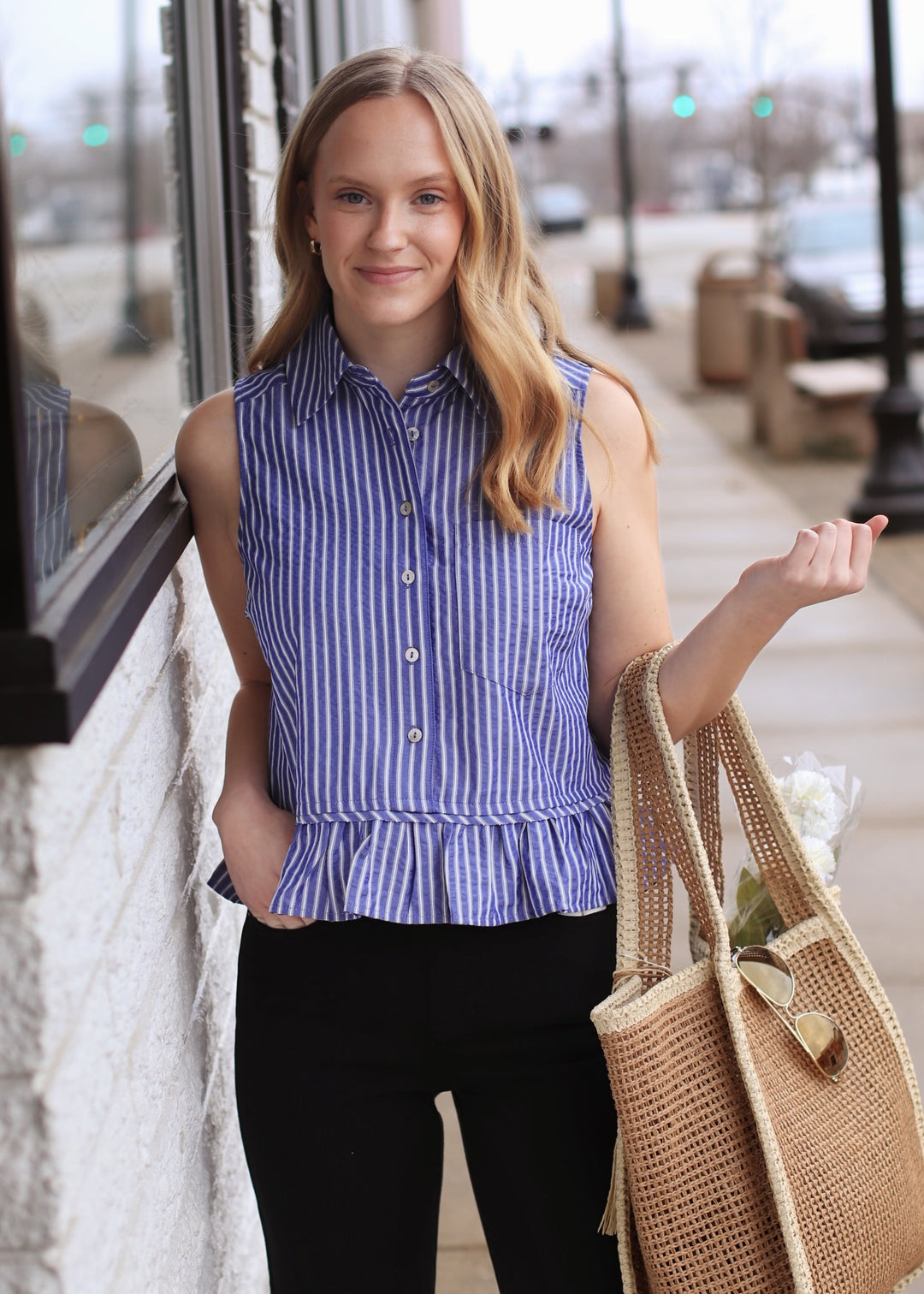 Navy Peplum Sleeveless Top