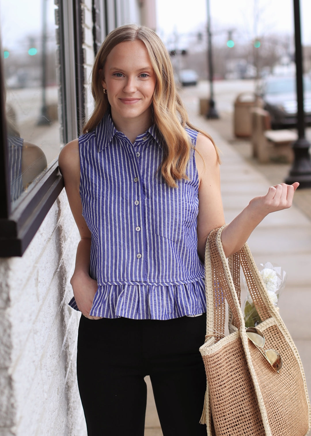 Navy Peplum Sleeveless Top