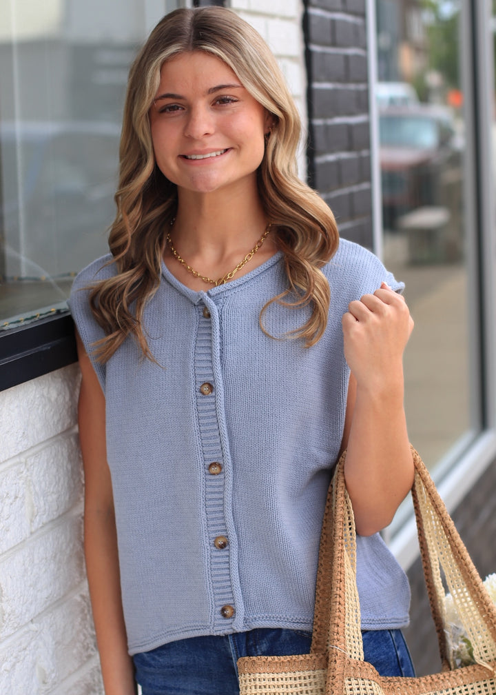 The Harborview Knit Vest in Dusty Blue