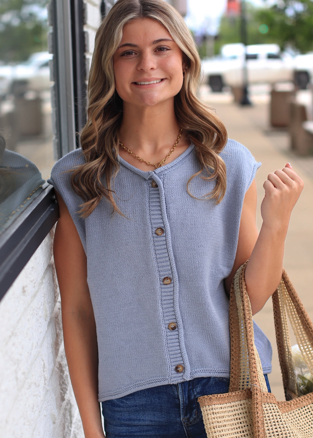 The Harborview Knit Vest in Dusty Blue