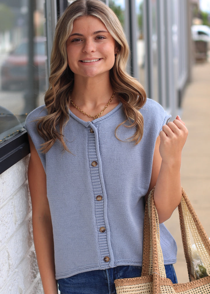 The Harborview Knit Vest in Dusty Blue