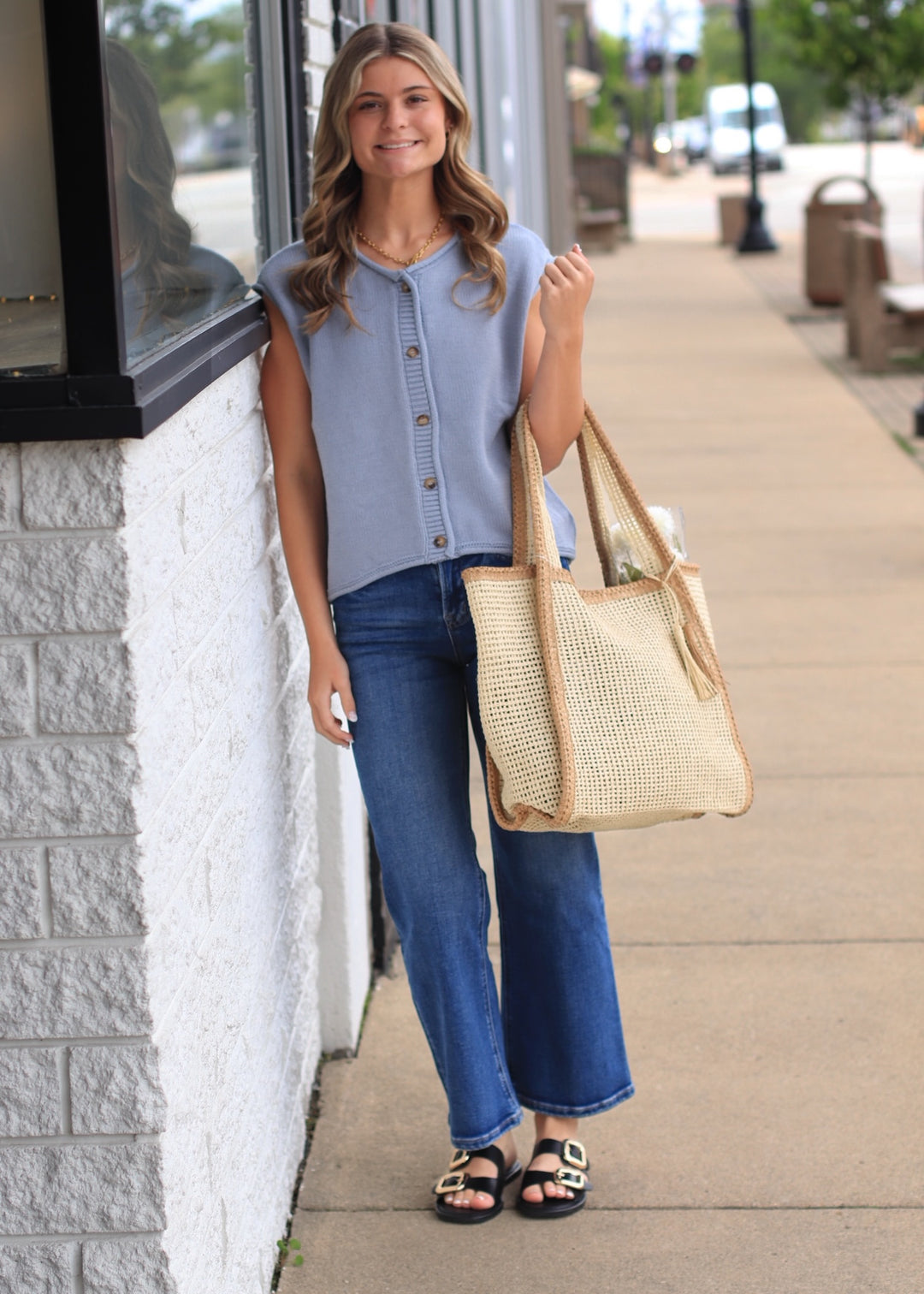 Beige Two Tone Woven Straw Tote Bag