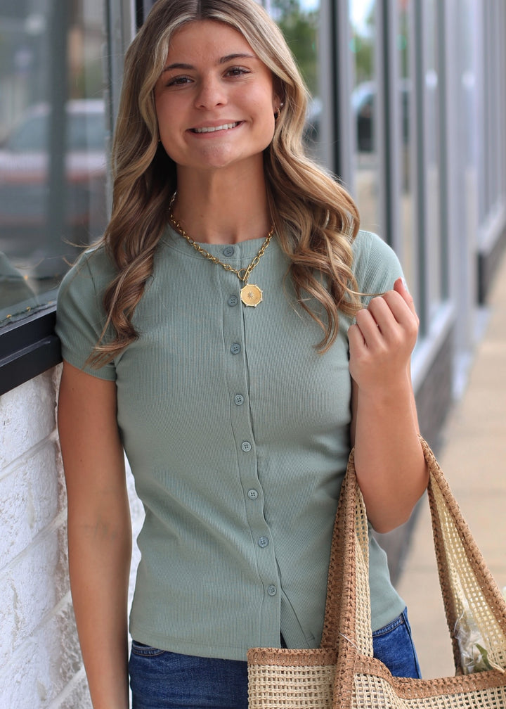 Sage Ribbed Button-Front Crew Neck Top