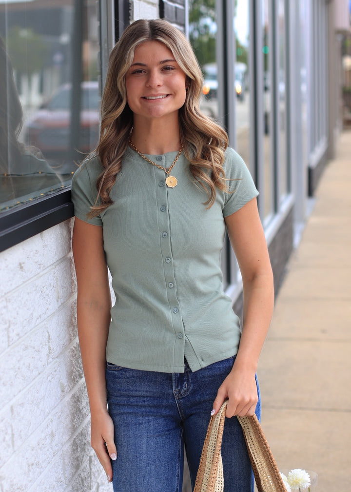 Sage Ribbed Button-Front Crew Neck Top