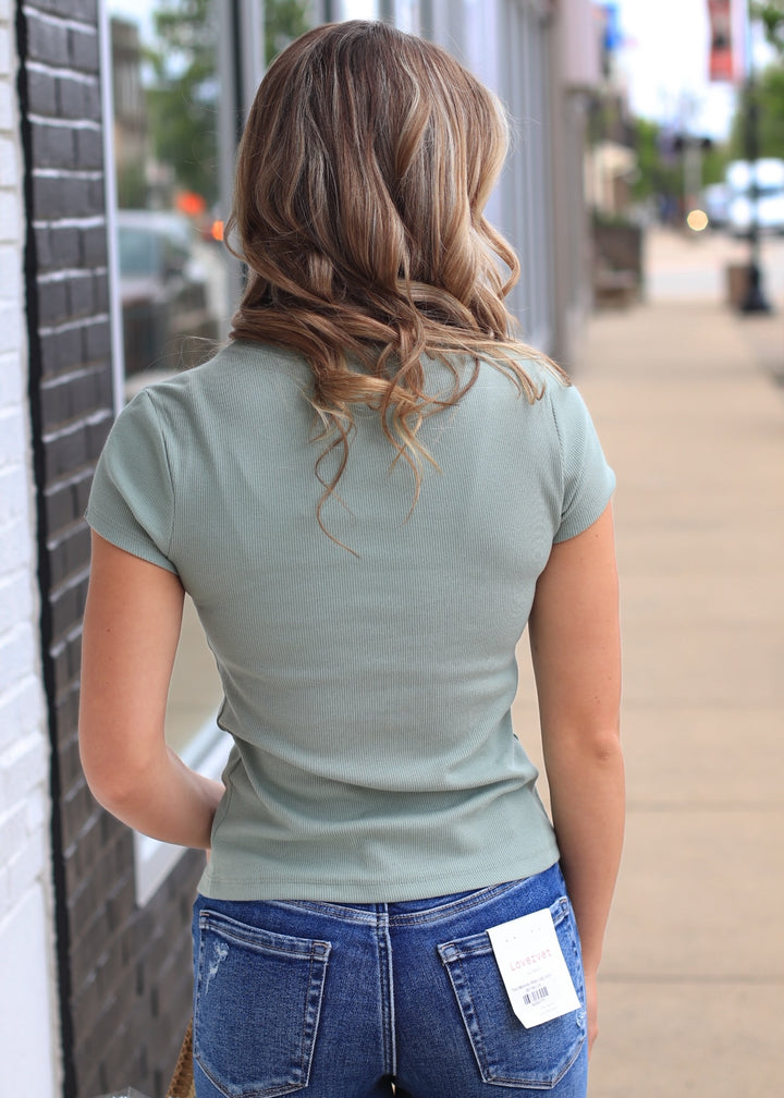 Sage Ribbed Button-Front Crew Neck Top