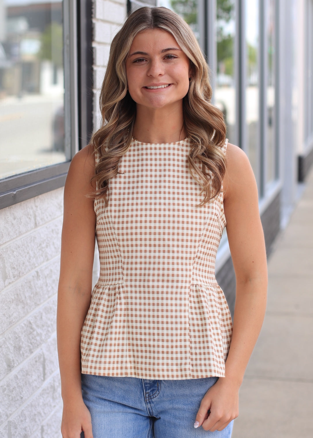 The Front Porch Tan Gingham Top