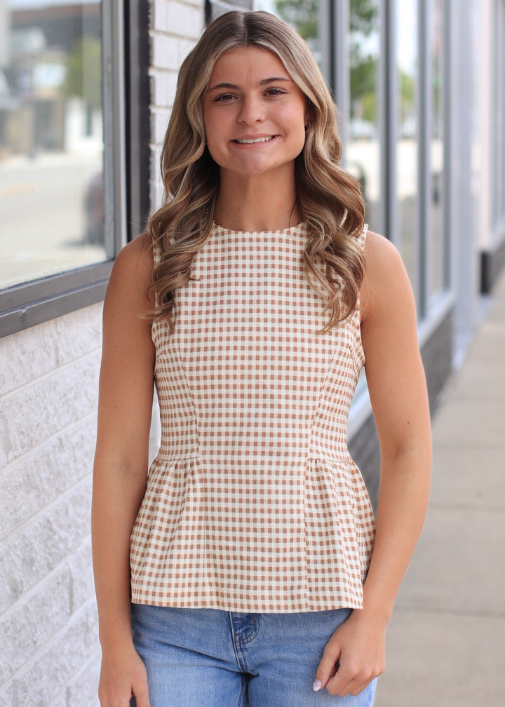 The Front Porch Tan Gingham Top