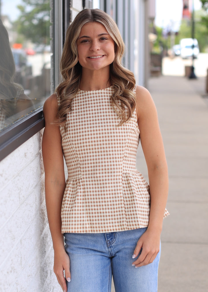 The Front Porch Tan Gingham Top