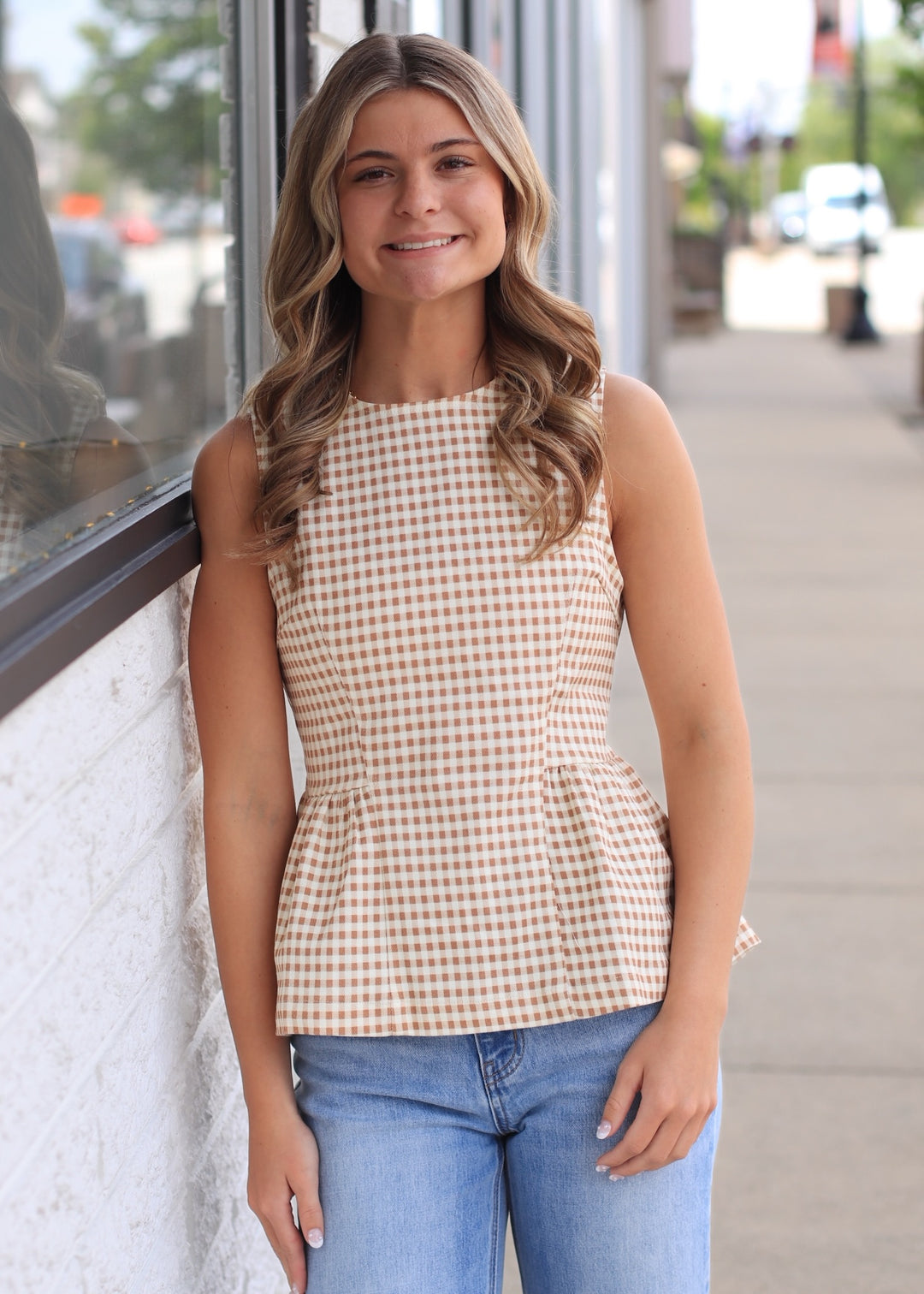 The Front Porch Tan Gingham Top